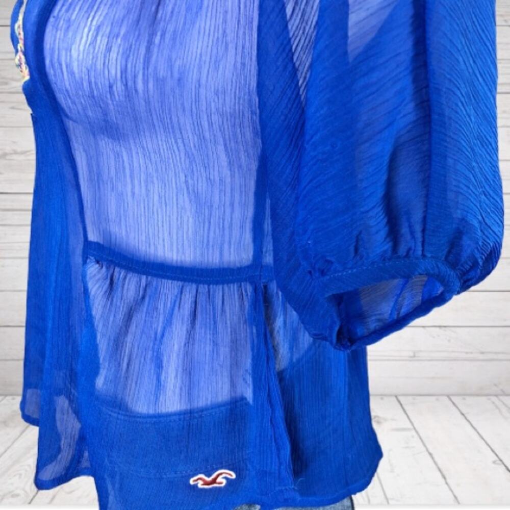 Hollister Embroidered Sheer Top Womens Size XS Blue Boho Festival Crinkle - Picture 6 of 11